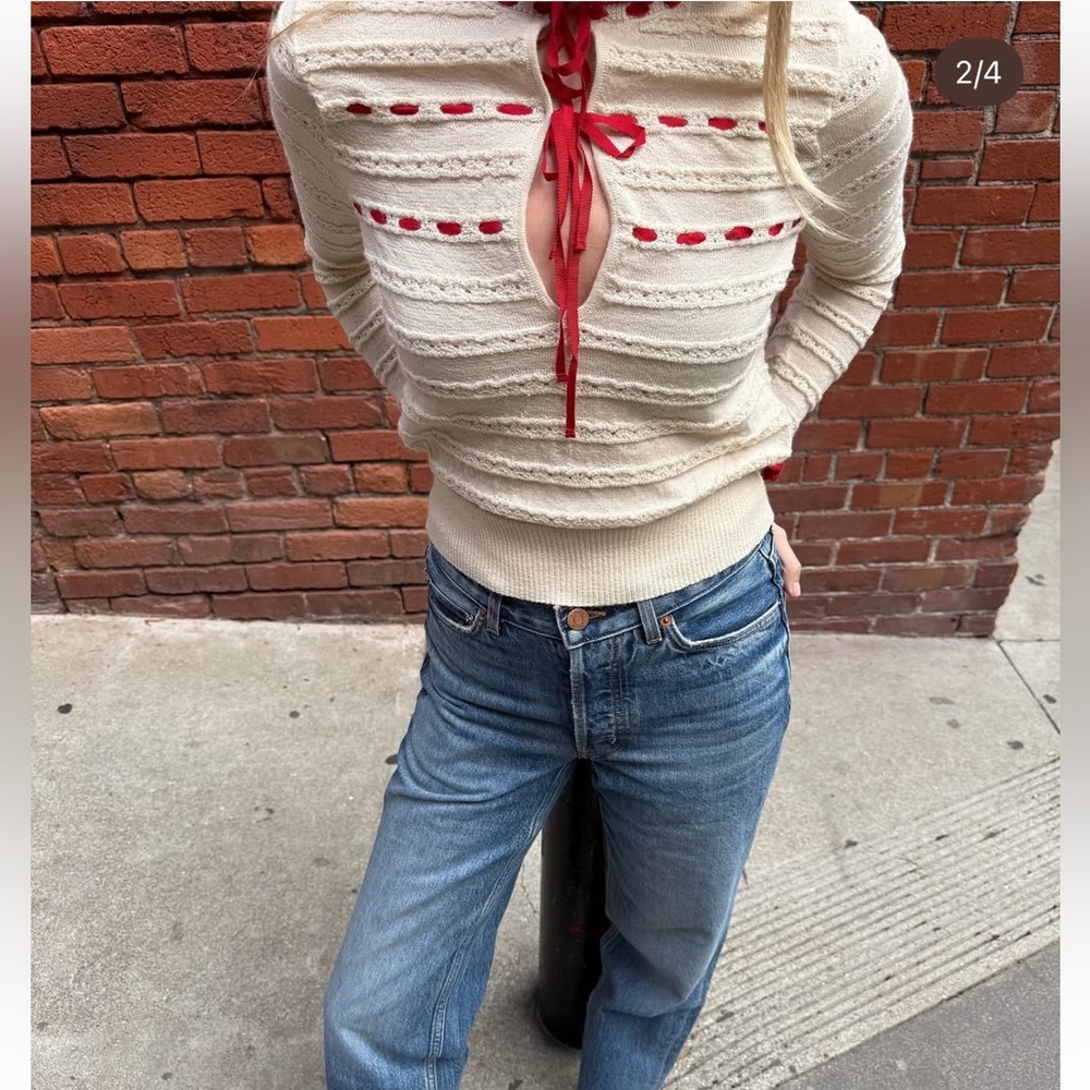 DÔEN Cordelie Top Women's Sweater cream with red trim - Picture 4 of 8